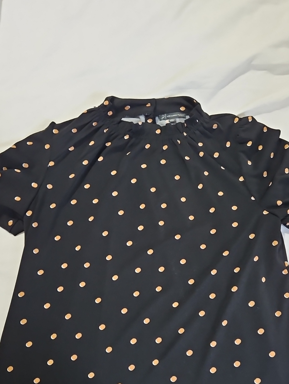 Adrianna Papell Black Short Sleeve Blouse with Peach Polka Dots